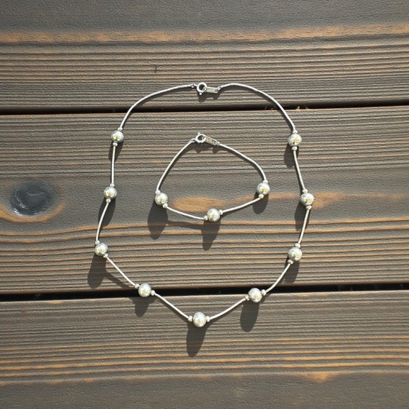 Sterling Silver  Bead Necklace & Bracelet Set - Picture 3 of 8